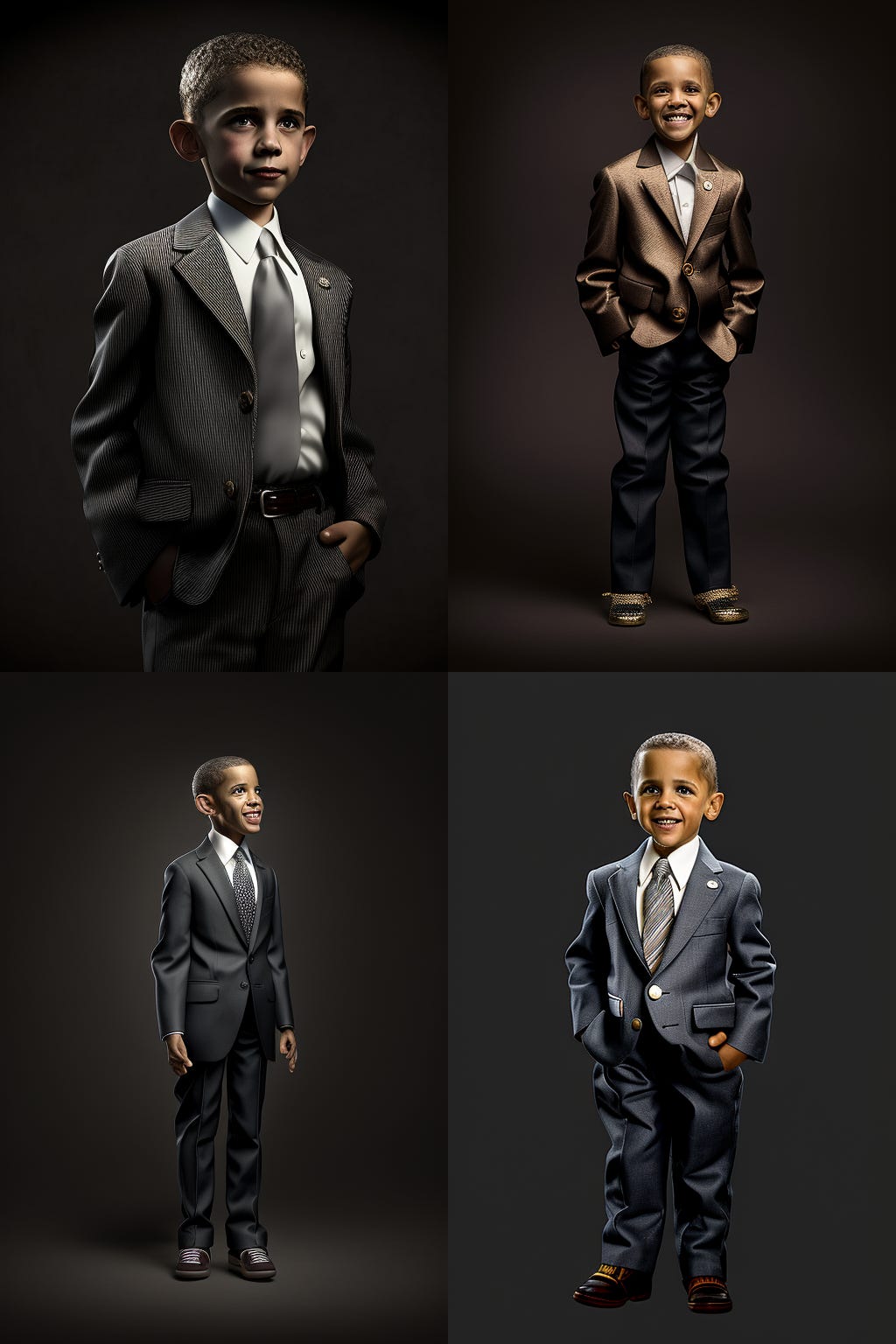 Barack Obama as a kid, full body shot, studio photography, volumetric lighting, wearing a suite, smiling, mischievous, realistic, 35mm, expressive, iconic, 4k