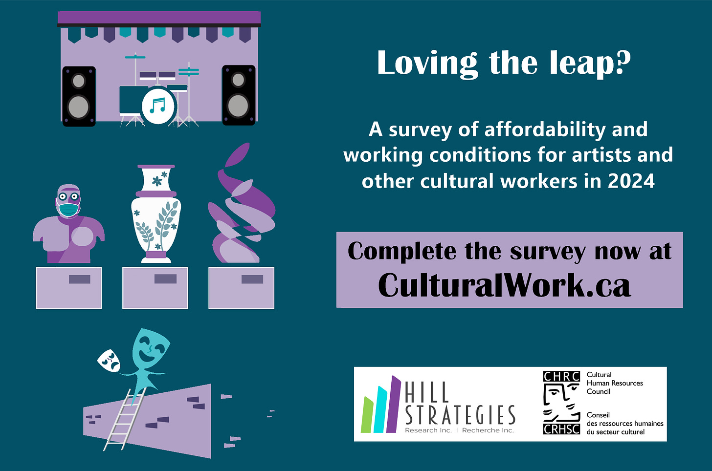 Promotional graphic for Loving the leap: A survey of affordability and working conditions for artists and other cultural workers in 2024. Complete the survey now at http://culturalwork.ca. From Hill Strategies Research and the Cultural Human Resources Council.