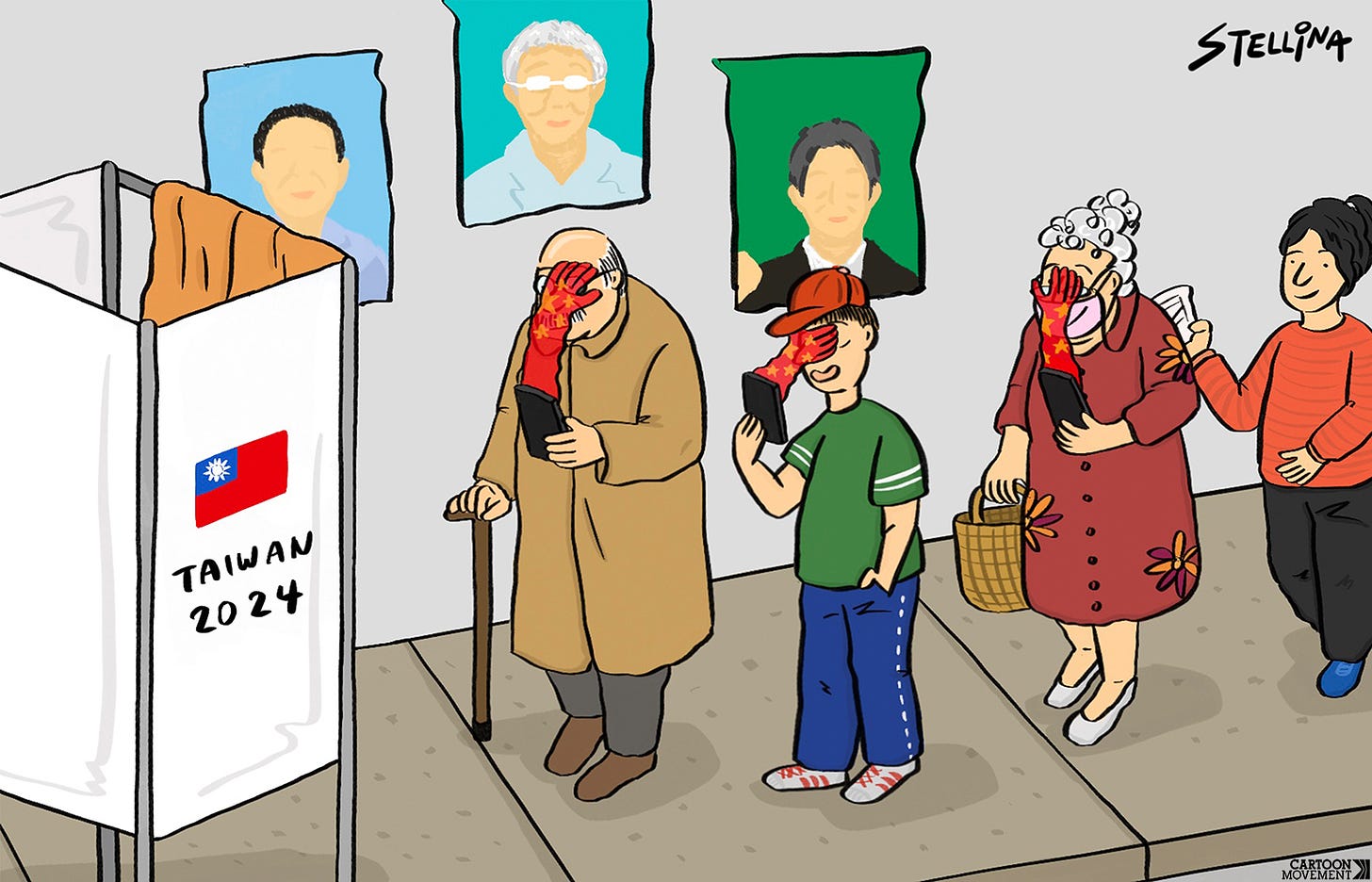 Cartoon with people in Taiwan eating in line in front of a voting booth. The people are looking at their smartphones. Out or their phones, hands with the flag of China on it are emerging, covering their faces.