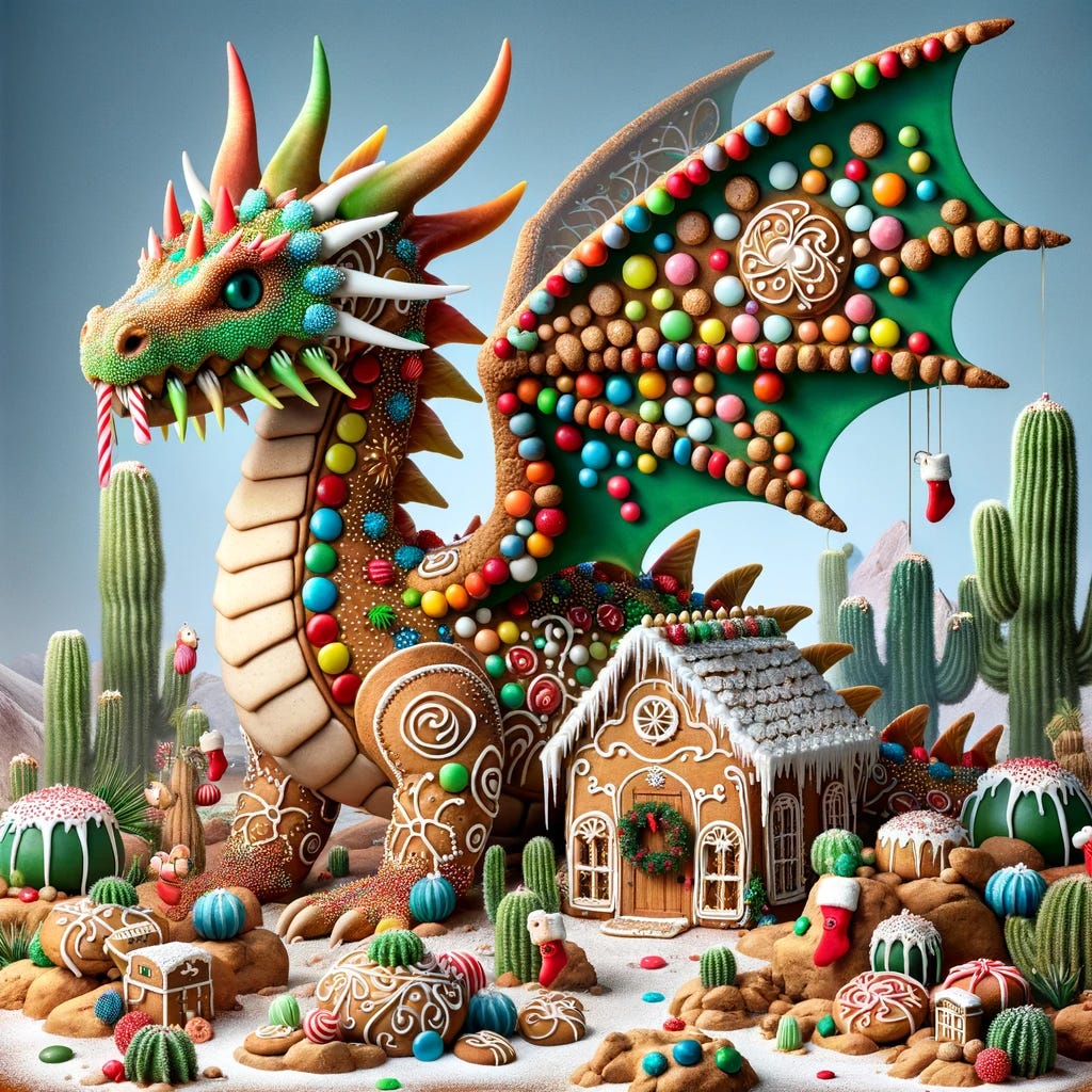 "Enhancing the water dragon scene with more festive elements: The dragon, with its cracker wings, now features colorful gumdrops and frosting along its body, adding a candy-like appearance. On the desert ecosystem on its back, there's a charming gingerbread house, complete with intricate icing details. Additional Christmas stockings are hung throughout the desert landscape, amongst the cacti and desert plants. The scene is a delightful mix of a fantastical creature and joyous holiday decorations, creating a whimsical and festive atmosphere."