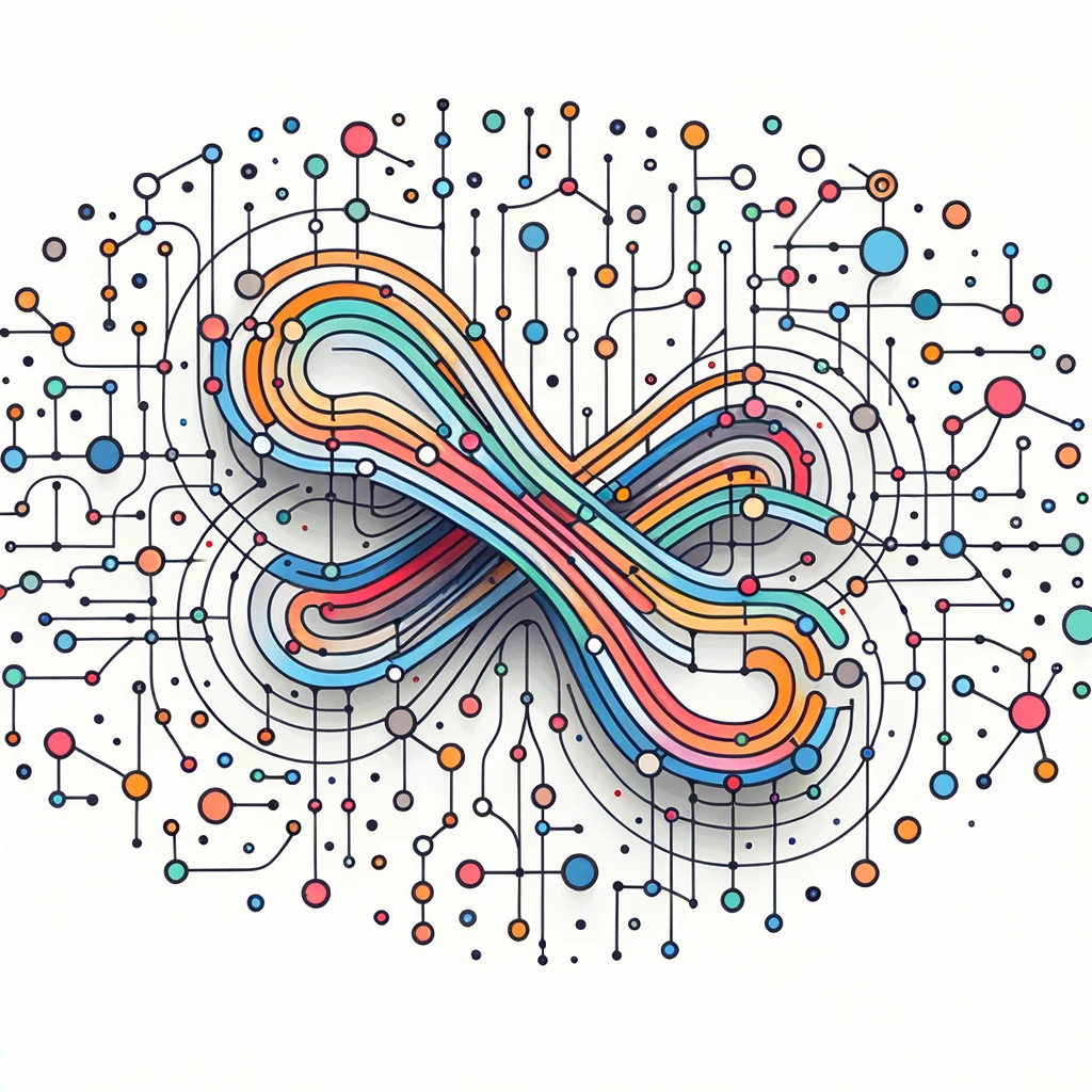 Representación abstracta en forma de vector de un modelo de inteligencia artificial, con líneas y nodos conectados de colores, simbolizando cómo procesa y conecta diferentes tipos de datos.