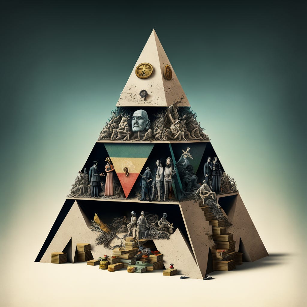 pyramid of American cash, capitalism, dystopian, stylish, whimsical, surreal
