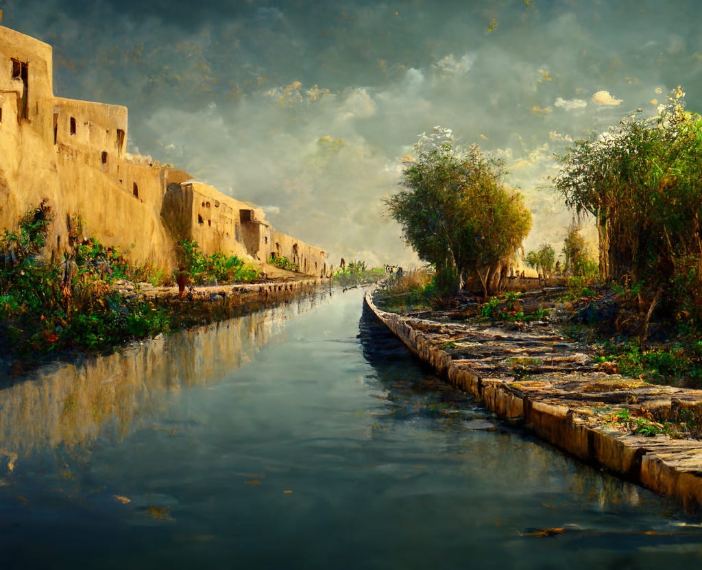 painting of canal towpath beside a walled cityvia Midjourney