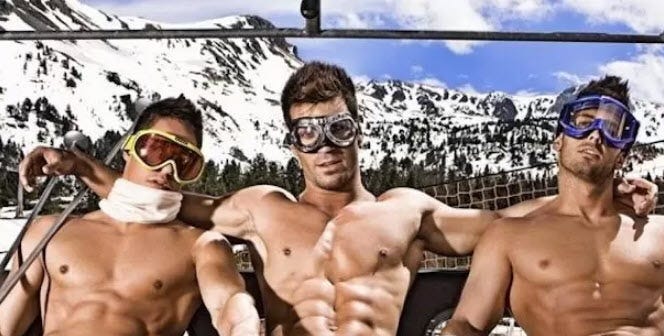 three sexy shirtless men in ski lift mttg