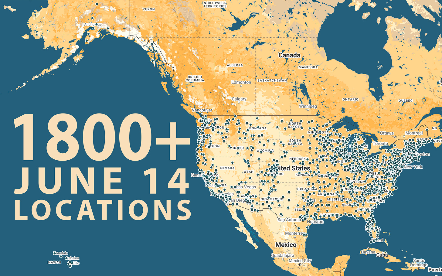 A map of the US with the words 1800+ June 14 Locations