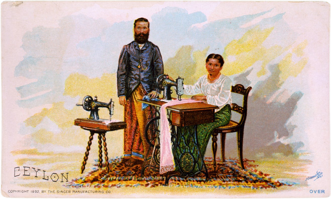 A seated woman is using a sewing machine and a bearded man stands behind the desk in this vintage ad for Singer sewing machines in Sri Lanka.