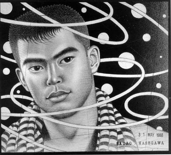 A greyscale portrait of Sadao is pictured. He has short black hair, with shaved sides. There are hoops and circles all around him. He is wearing a striped scarf. In the bottom right corner, it has the date May 31, 1988, and his signature. A greyscale portrait of Sadao is pictured. He has short black hair, with shaved sides. There are hoops and circles all around him. He is wearing a striped scarf. In the bottom right corner, it has the date May 31, 1988, and his signature.