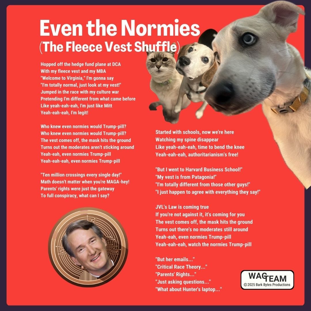 Lyrics sheet on bold red background featuring concerned WAG TEAM pets and a golden crypto-style Youngkin token, because of course there's a crypto angle - there's ALWAYS a crypto angle...