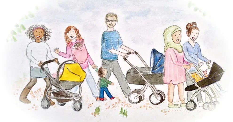 illustration of group of diverse parents with babies in buggies and slings
