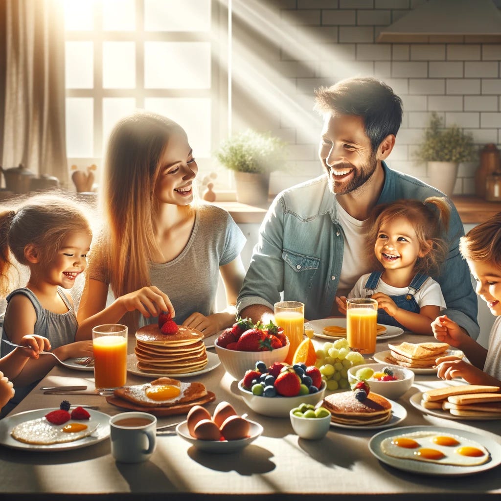 A heartwarming and realistic depiction of a happy family enjoying breakfast together in a sunlit kitchen. The family, consisting of two parents and their children, are seated around a table filled with a healthy and hearty breakfast spread, including pancakes, fruits, eggs, and freshly squeezed orange juice. The parents are smiling and chatting with the children, who are eagerly reaching for their favorite foods. Sunlight filters through the window, casting a warm glow on the family, enhancing the cheerful and relaxed atmosphere. This scene captures the essence of family bonding over a meal, highlighting the joy and comfort of shared moments in the beginning of the day.
