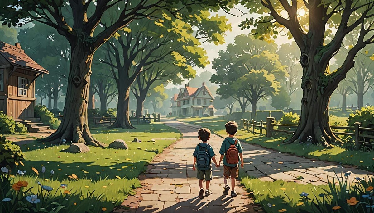 2 children walking down path towards house