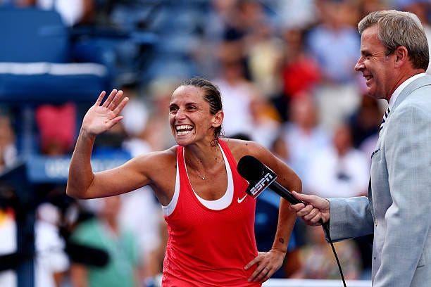 Roberta Vinci of Italy celebrates after defeating Serena Williams of the United States in their Women's Singles Semifinals match on Day Twelve of the...