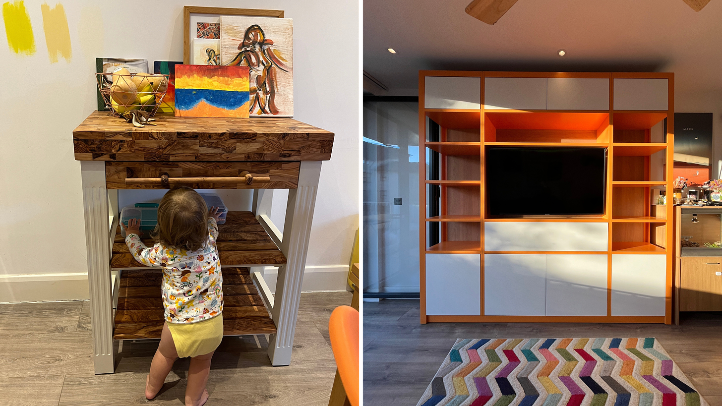 L: a wooden butchers block with art decorating the top. Rowan is standing in front of it, facing away from the camera. R: a new built in TV cabinet in orange and white.