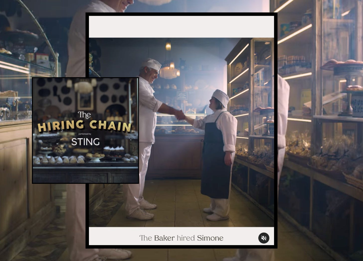 screenshot of hiring chain video showing a baker shaking hands with an employee with Down syndrome screenshot of hiring chain video showing a baker shaking hands with an employee with Down syndrome