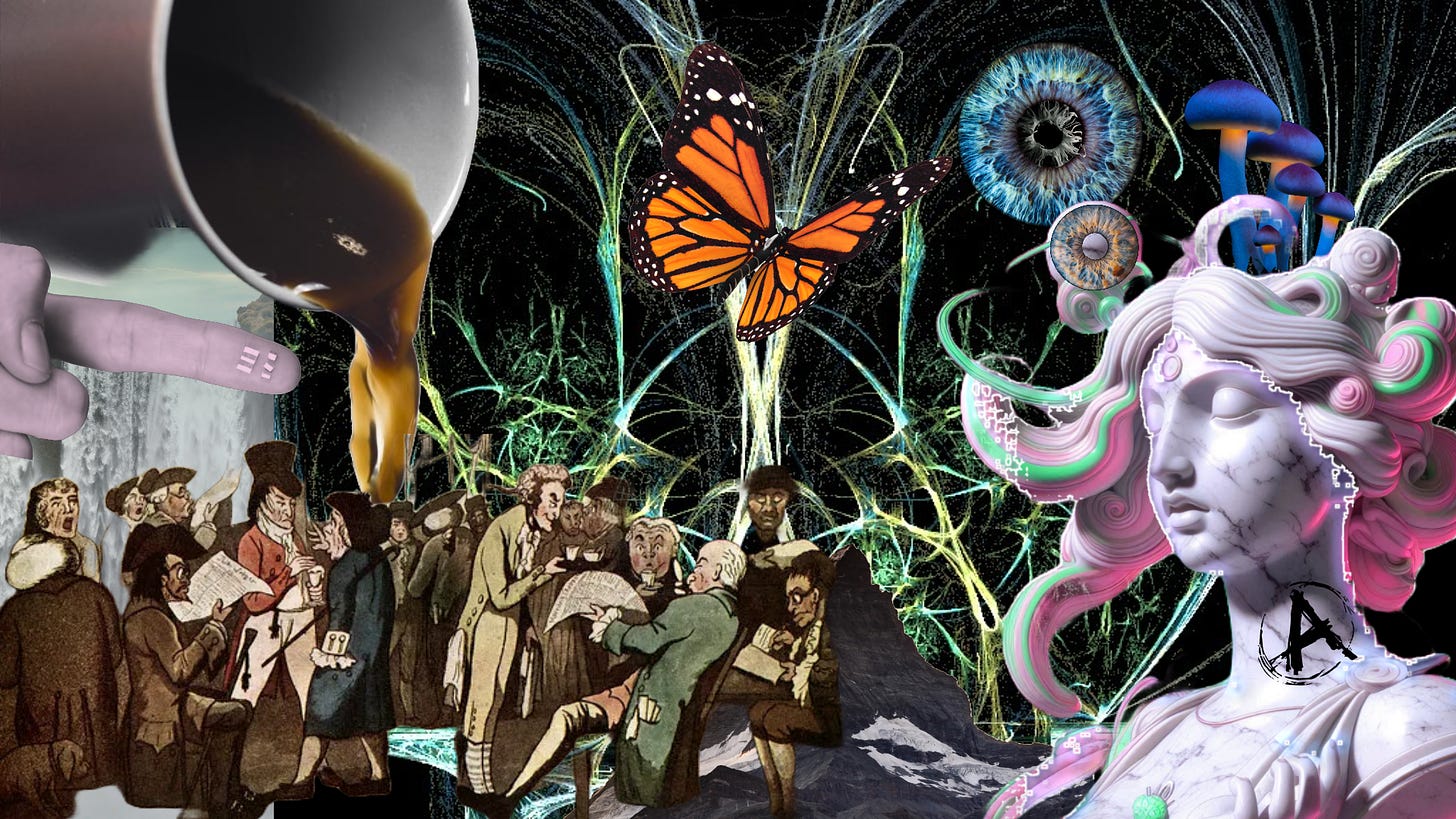 a chaotic digital collage made by the author featuring a butterfly, a scene from a 17th century coffeehouse, an imagined goddess of confusion, and finger presenting a tab of acid