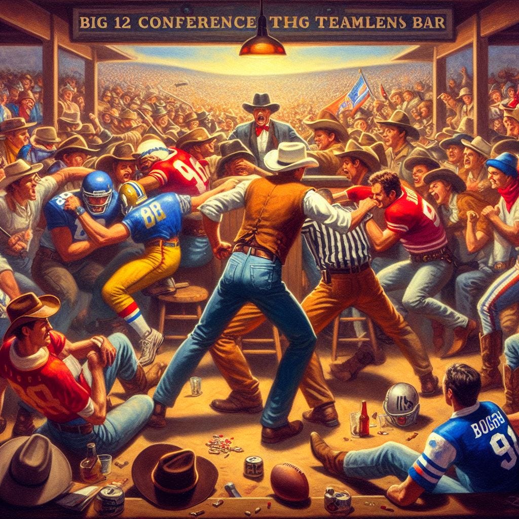 A bar brawl in a Big 12 Conference-themed bar, with everyone in Western or cowboy gear, surrealism
