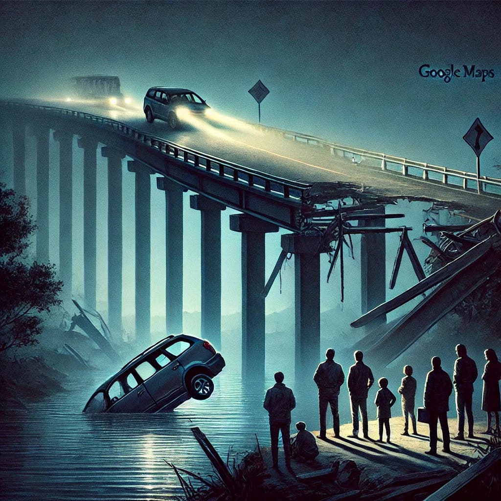 A dramatic scene depicting a tragic accident where three men die due to Google Maps directing them onto an incomplete bridge. The image shows a broken, unfinished bridge with a steep drop into the water below. The night setting, illuminated by the dim lights of a car still on the edge of the bridge. In the foreground, there is a group of onlookers, some with concerned expressions, looking at the scene from a safe distance. The atmosphere is somber and reflective, with a focus on the eerie, dangerous nature of the accident.