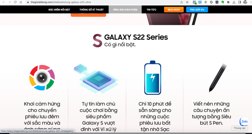 Một landing page riêng cho sản phẩm Điện thoại samsung S22