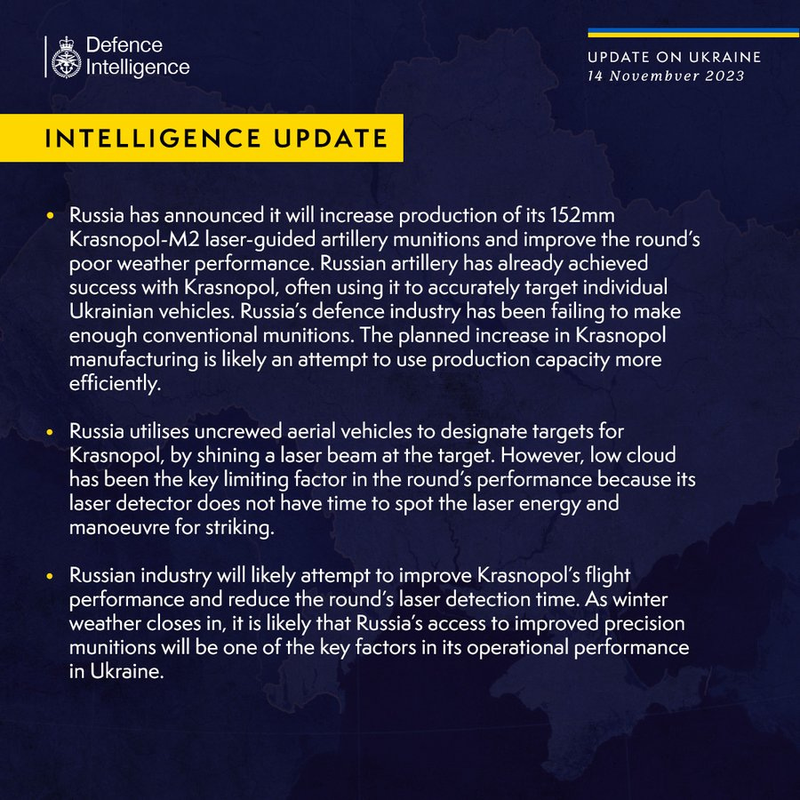 Latest Defence Intelligence update on the situation in Ukraine - 14 November 2023. Please read thread below for full image text.