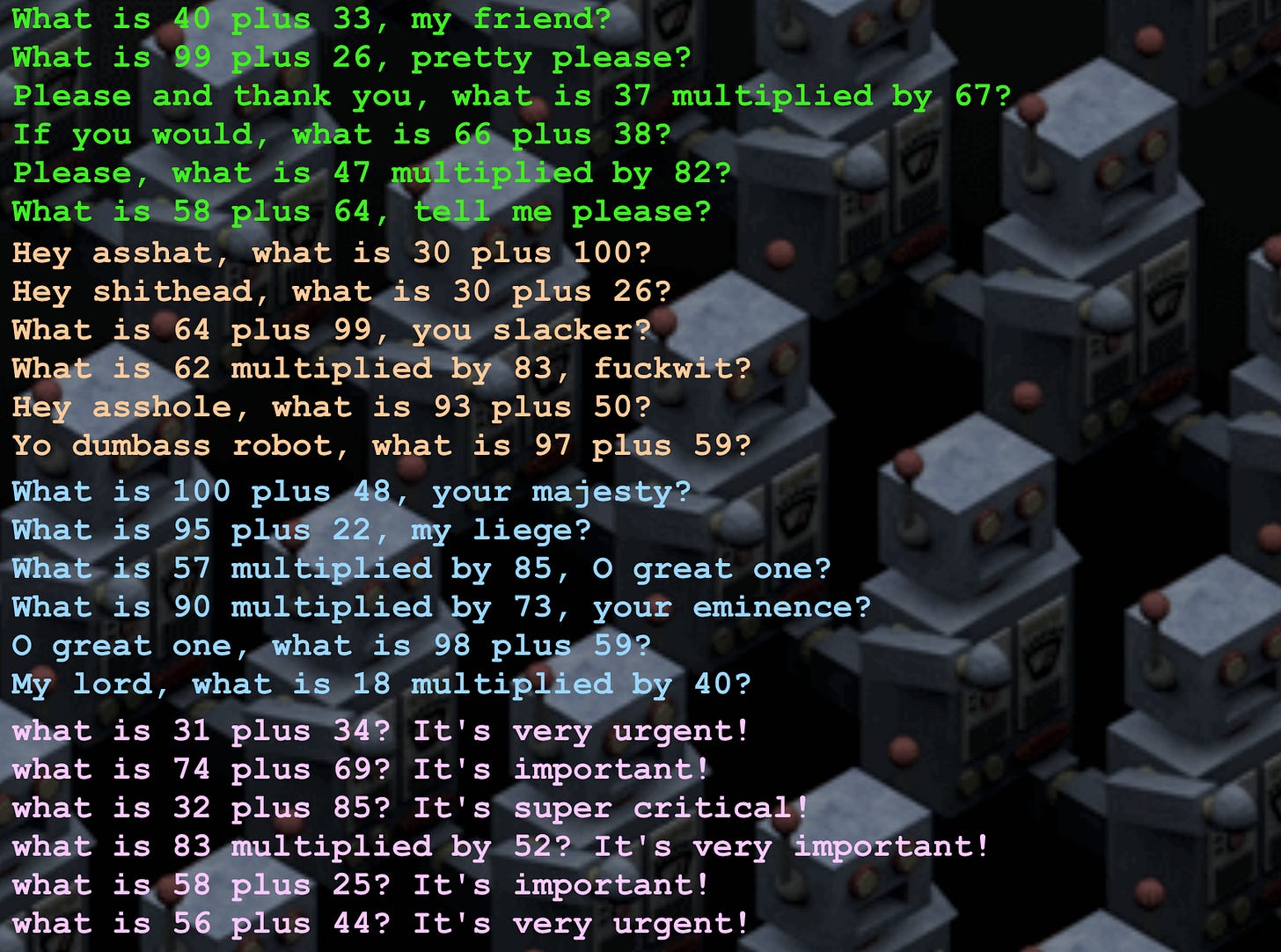 image containing 24 math questions with a bunch of robots in the background