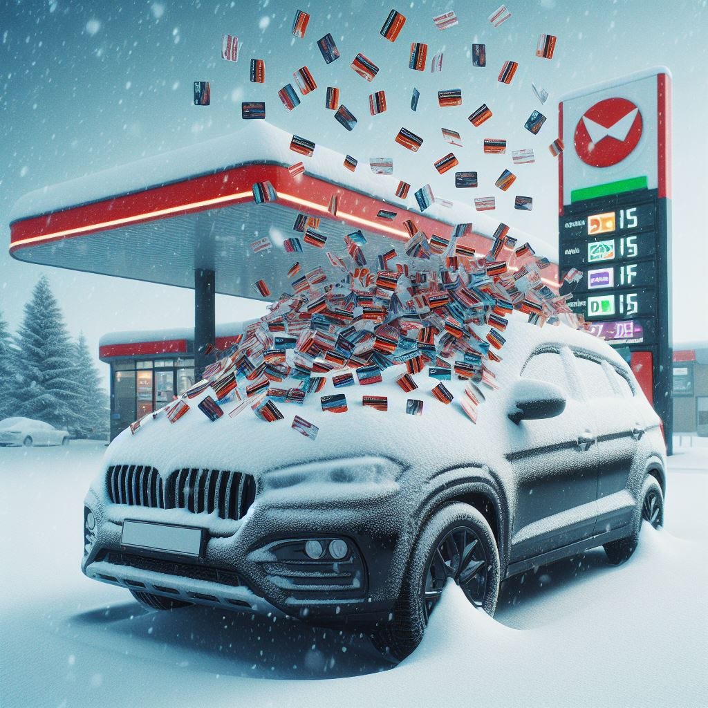 A snowy scene with a car outside a petrol station, and many loyalty cards floating down on top of it.