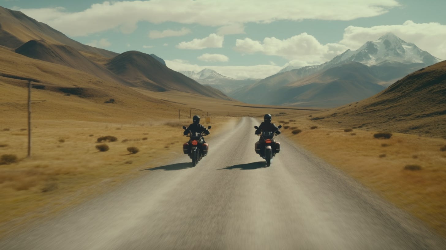 Two friendly motorcyclists riding through the picturesque Andes mountains on a long journey, animated TV show, warm, welcoming, vivid