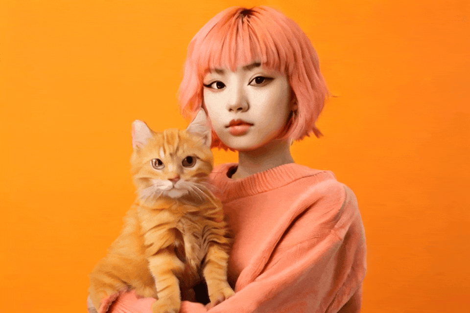 A young Japanese woman with orange hair and an orange jumper holding a ginger cat in an orange studio
