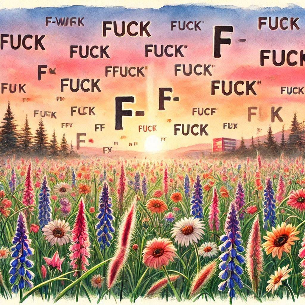 Many "F-word" floating around in the air in a field of grass and flowers with the sun rising in the background watercolor art