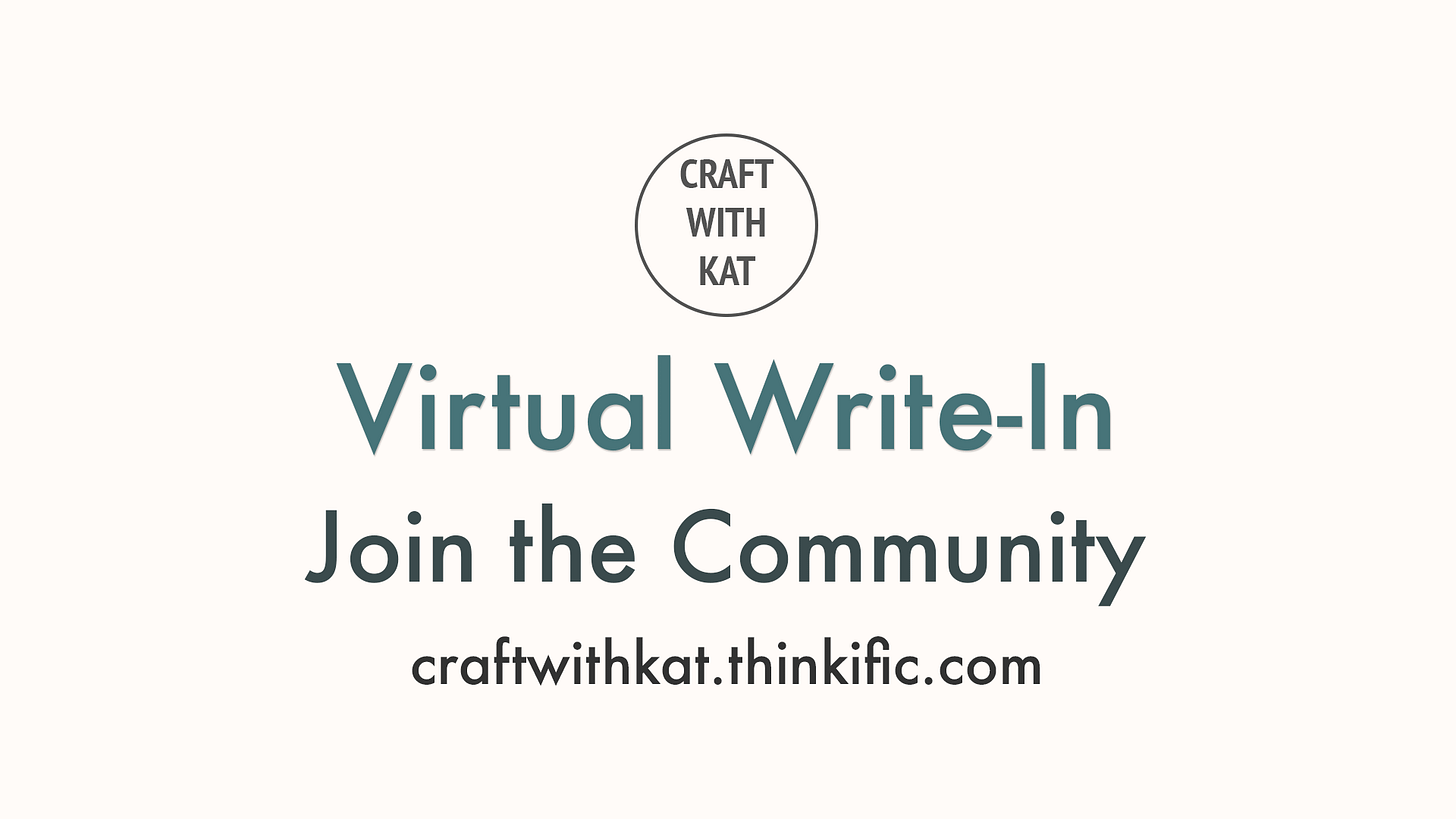 A simple text banner that has the Craft with Kat logo. The copy says “Virtual Write-In. Join the community. Craftwithkat.thinkific.com.”