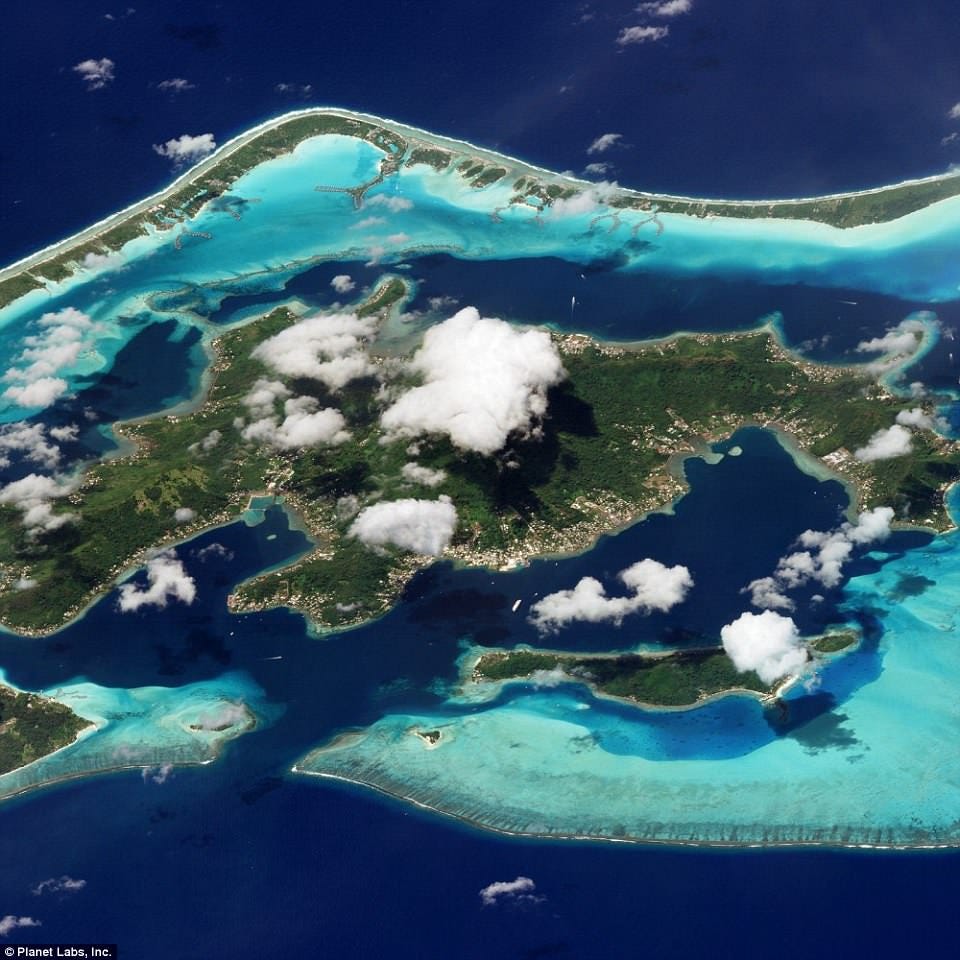 A number of the planet's natural wonders were also captured by Planet Labs's angled cameras, including Bora Bora - a volcanic island surrounded by fringing reefs in the South Pacific. The centre of the island houses an extinct volcano rising to two peaks, Mount Pahia and Mount Otemanu, with the highest point reaching 2,385 feet (727 metres)
