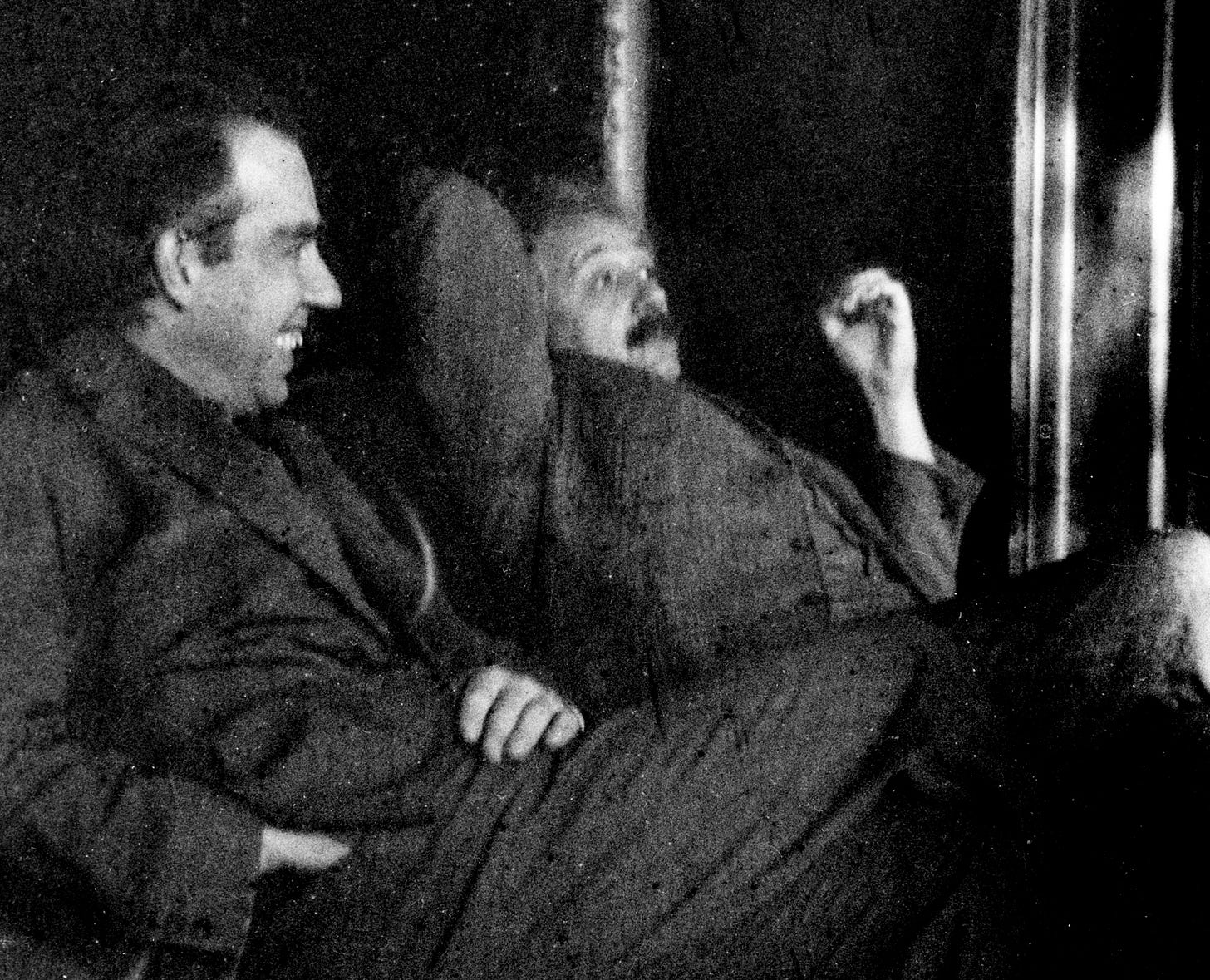 Photo of Niels Bohr and Albert Einstein talking at Paul Ehrenfest's house in Leiden in December 1925. Bohr (left) is seen smiling.