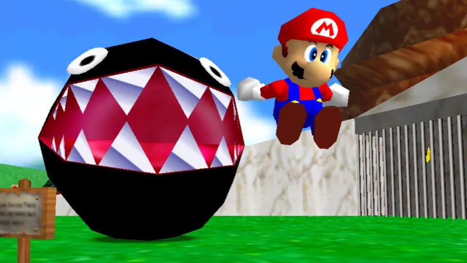 Mario jumping away from a Chain Chomp