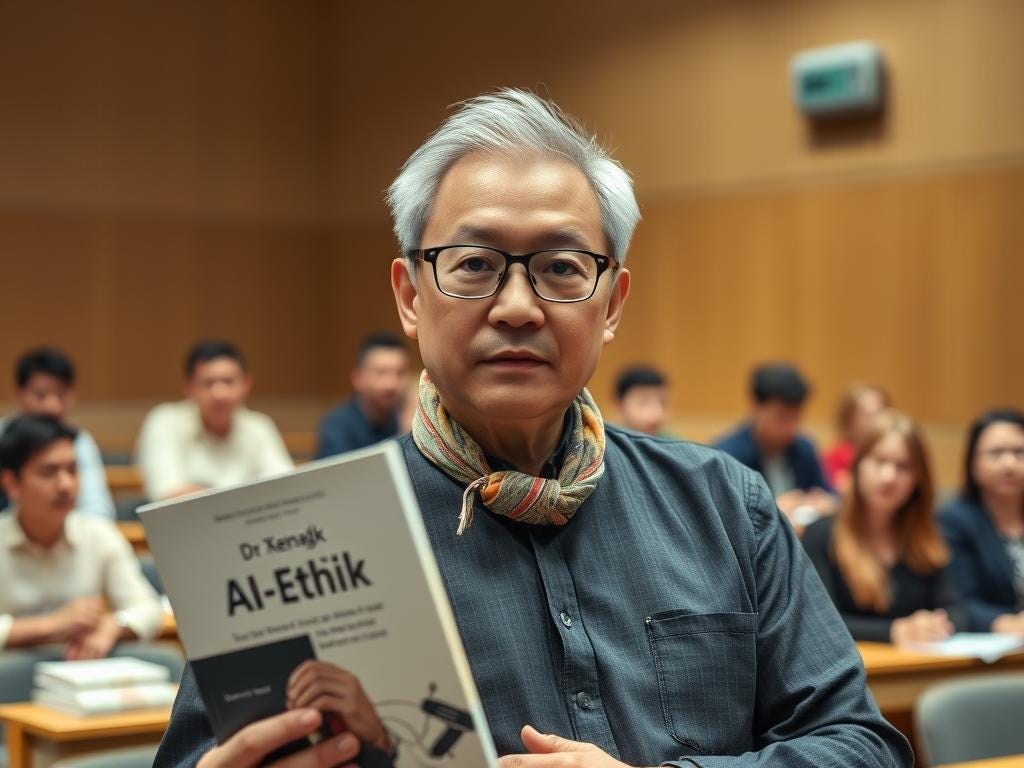 An Asian professor with gray hair and glasses holds his book Al-Ethik in front of a classroom of students