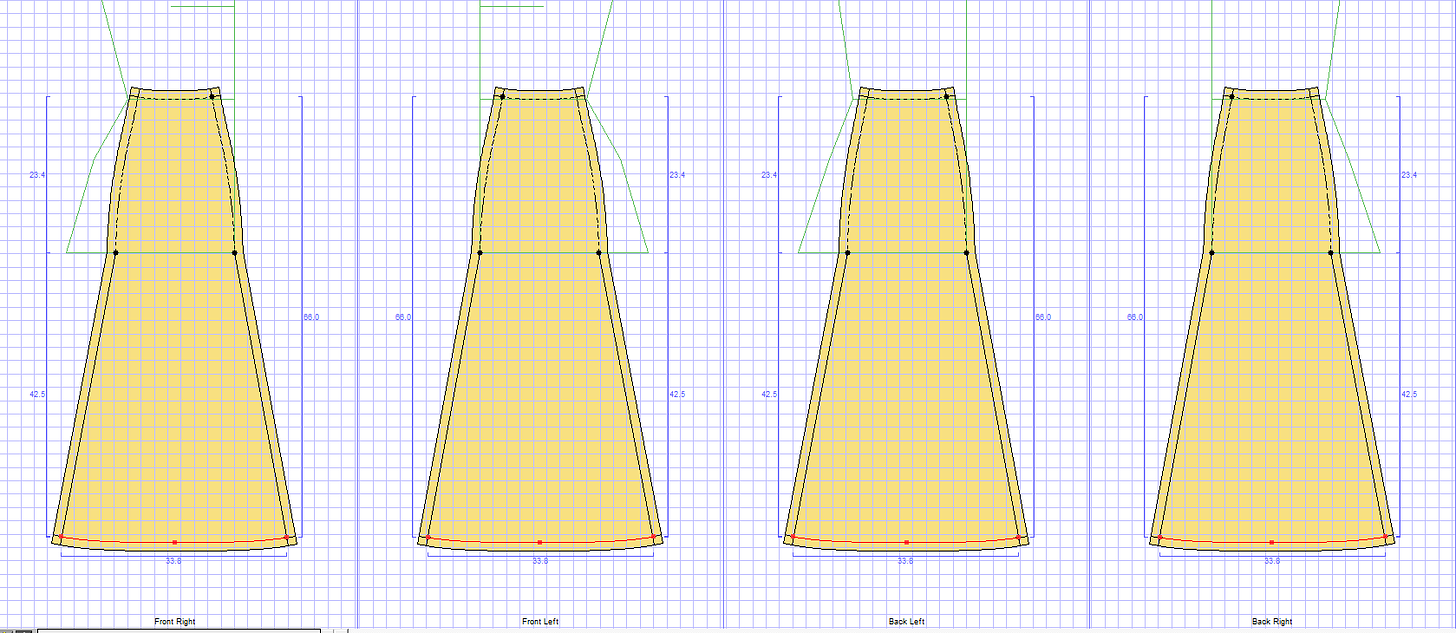 Generated pattern of a six gored skirt