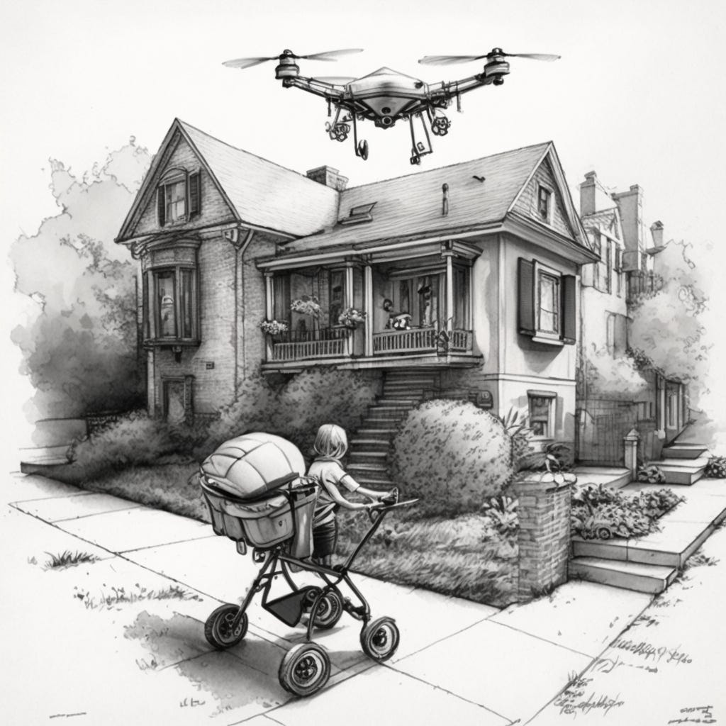 drone carrying stroller, house, sidewalk, drawing