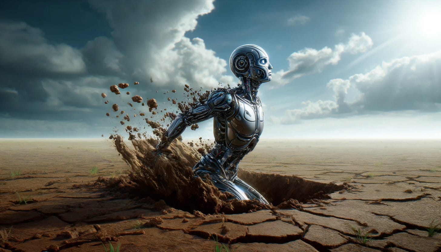 A dynamic and symbolic illustration of artificial intelligence emerging from the ground, in landscape orientation. The scene depicts a robot with a sleek, futuristic design, partially embedded in the earth as it breaks through the surface. The robot's design includes metallic and glassy components that catch the light, creating a striking contrast against the dark, rich soil. The expansive background shows a clear blue sky with scattered clouds, emphasizing the theme of new beginnings and emergence. The overall atmosphere conveys a sense of breakthrough and innovation.