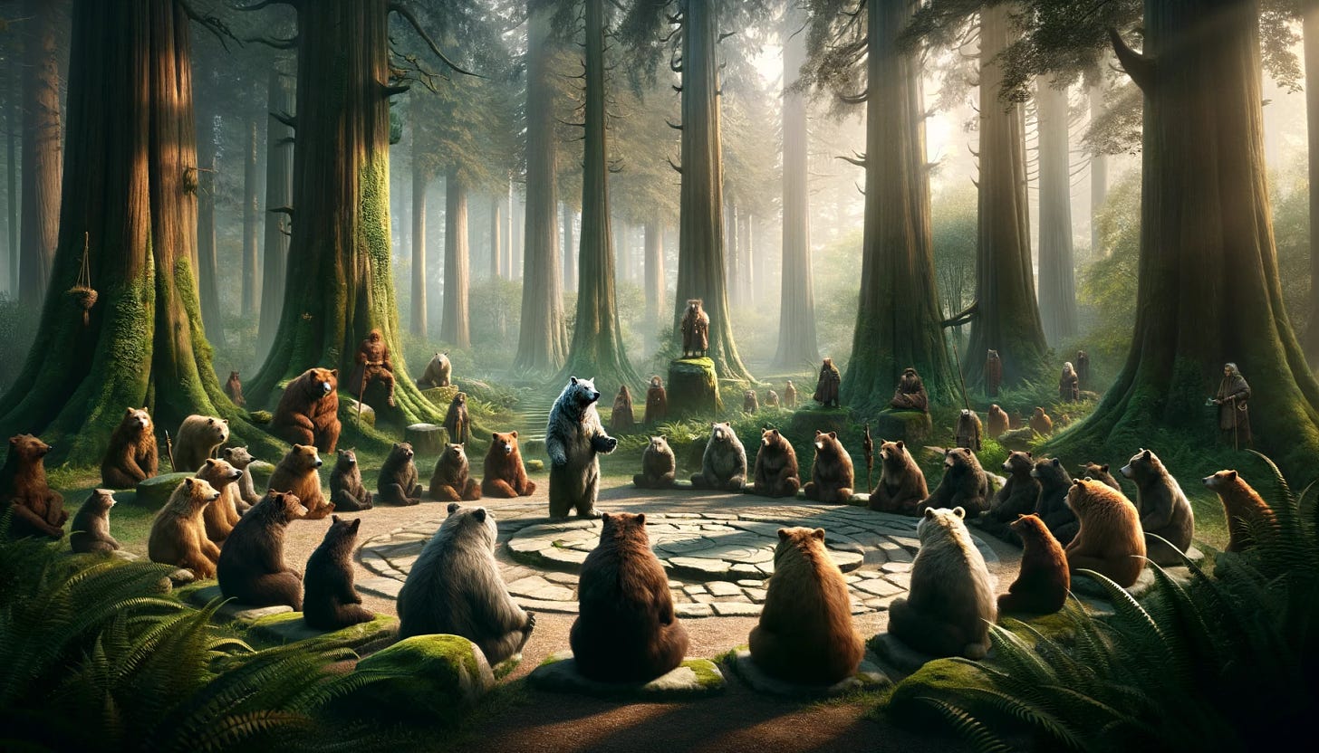 A solemn gathering of the Bear Council in the heart of an ancient forest. Majestic trees surround a sacred stone circle, where bears of various sizes and colors sit with serious expressions. In the center, an elder bear, distinguished by his grey fur and wise demeanor, stands addressing the council. The atmosphere is heavy with anticipation, and the sunlight filters through the dense canopy, casting a warm glow on the scene. The background includes lush greenery, ferns, and the occasional glimpse of other forest creatures watching the proceedings.