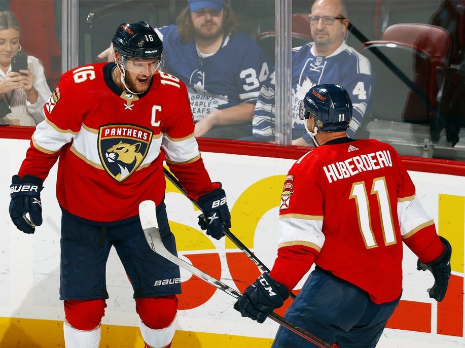 Jonathan Huberdeau celebrates with Aleksander Barkov of the Florida Panthers Jonathan Huberdeau celebrates with Aleksander Barkov of the Florida Panthers