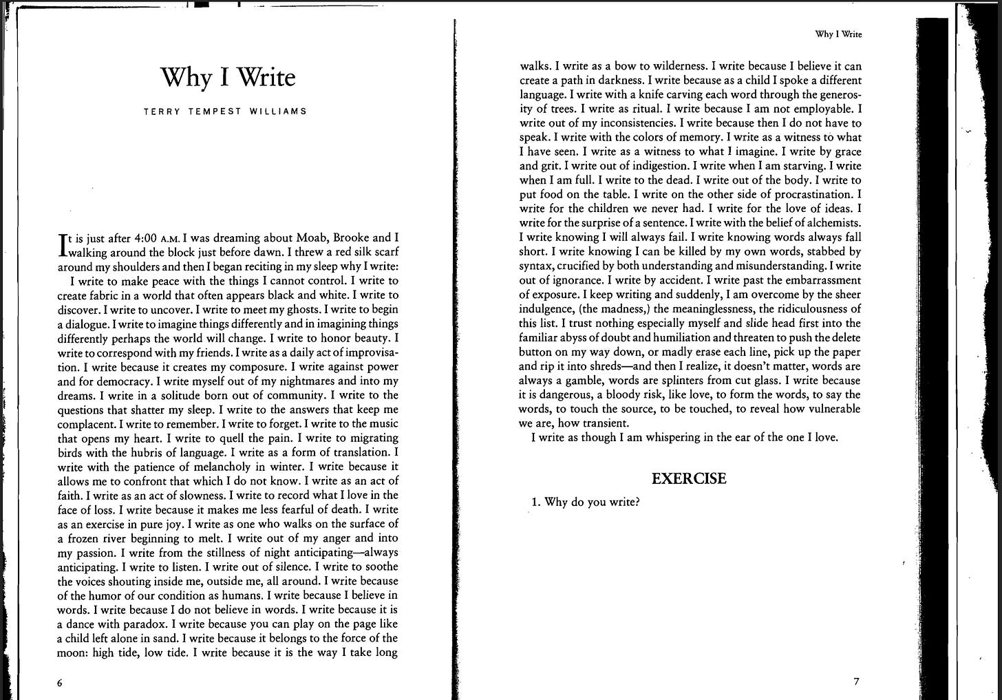 A screenshot of Terry Tempest Williams' essay Why I Write