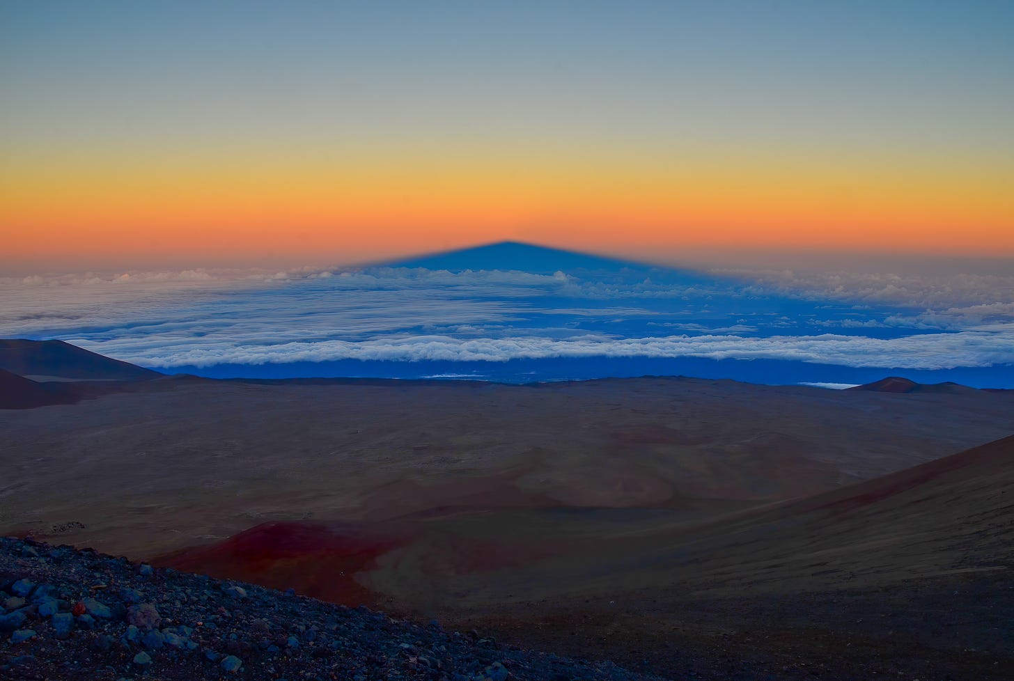 sunset on Mauna Kea facing east with the shadow of the mountain