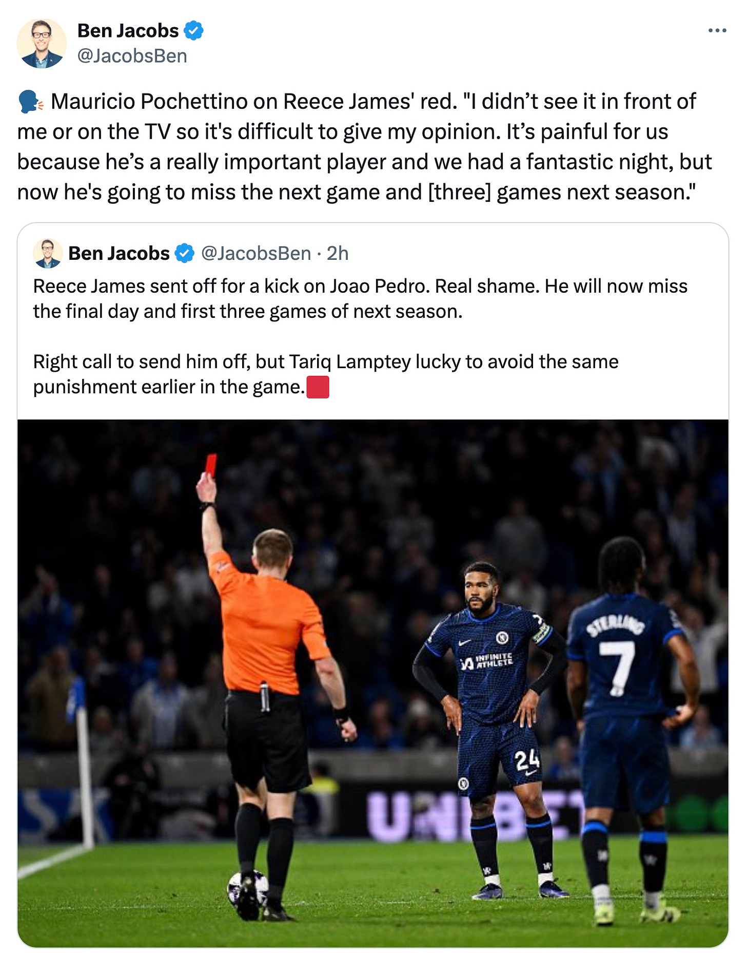 A tweet by Ben Jacobs about Reece James getting sent off against Brighton