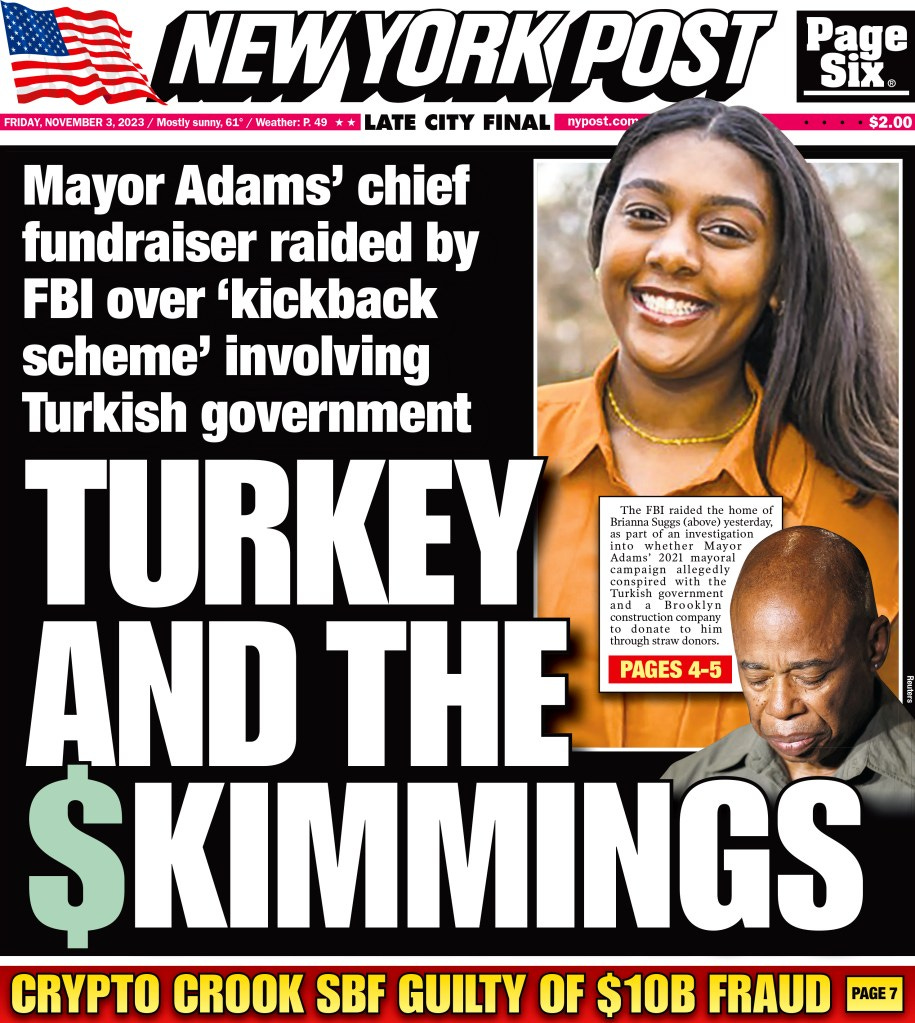 A New York Post front page about the FBI investigation into a potential kickback scheme involving the Turkey government.