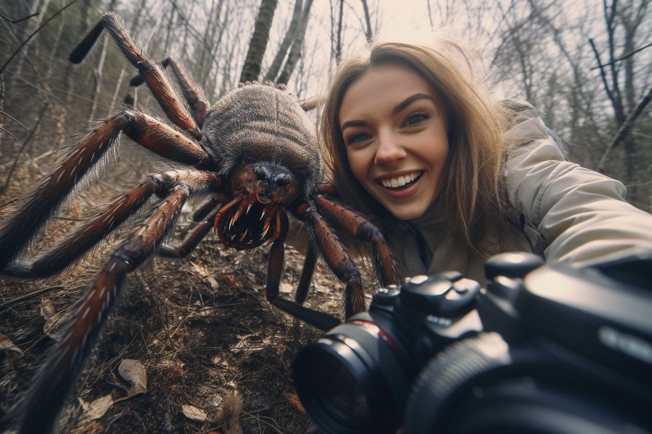 **A hyper - realistic GoPro selfie of a smiling glamorous Influencer with a big spider . Extreme environment. --ar 3:2**