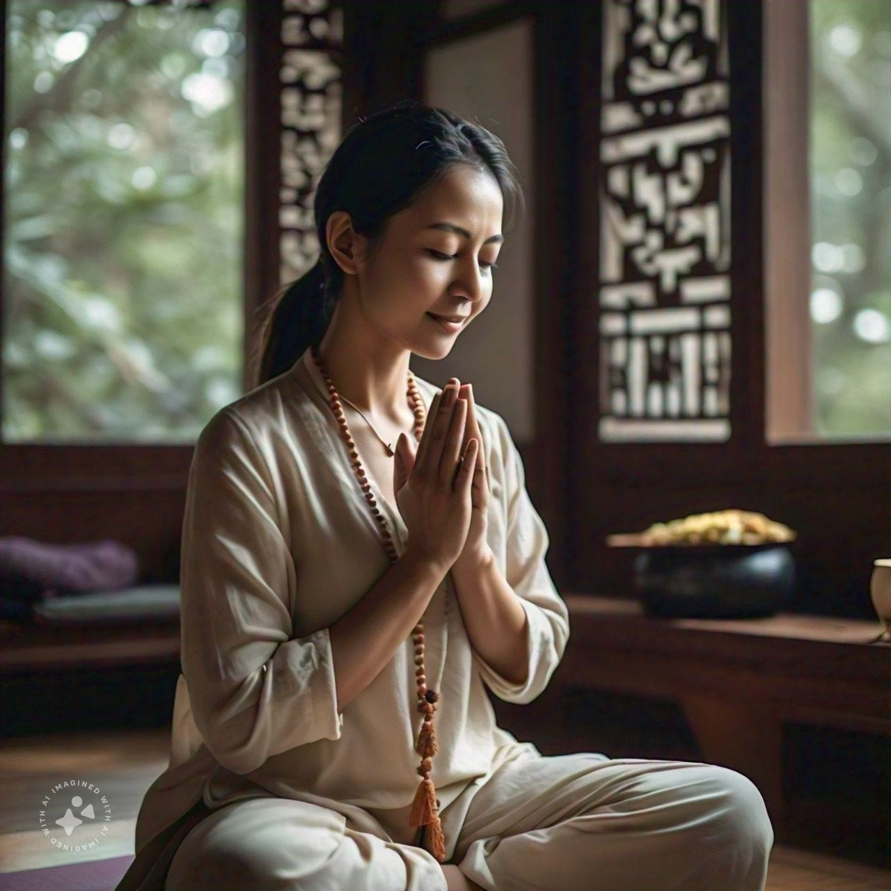 A woman in a peaceful indoor space meditates with mala beads and hands in namaste posture—illustrating spiritual career remedies using Vedic chants and karmic alignment for professional success.