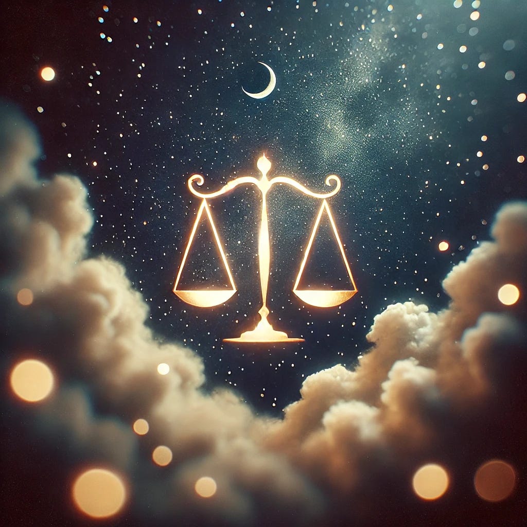 A beautiful 35mm style photograph of the astrological sign for Libra. The image features the symbol of Libra, the scales, centered against a deep, starry night sky with soft clouds illuminated by moonlight. The scales are glowing with a soft golden hue, delicately balanced. The overall aesthetic is ethereal and serene, with subtle bokeh effects, characteristic of 35mm photography, creating a dreamy and atmospheric composition. The stars twinkle subtly in the background, adding to the celestial vibe.