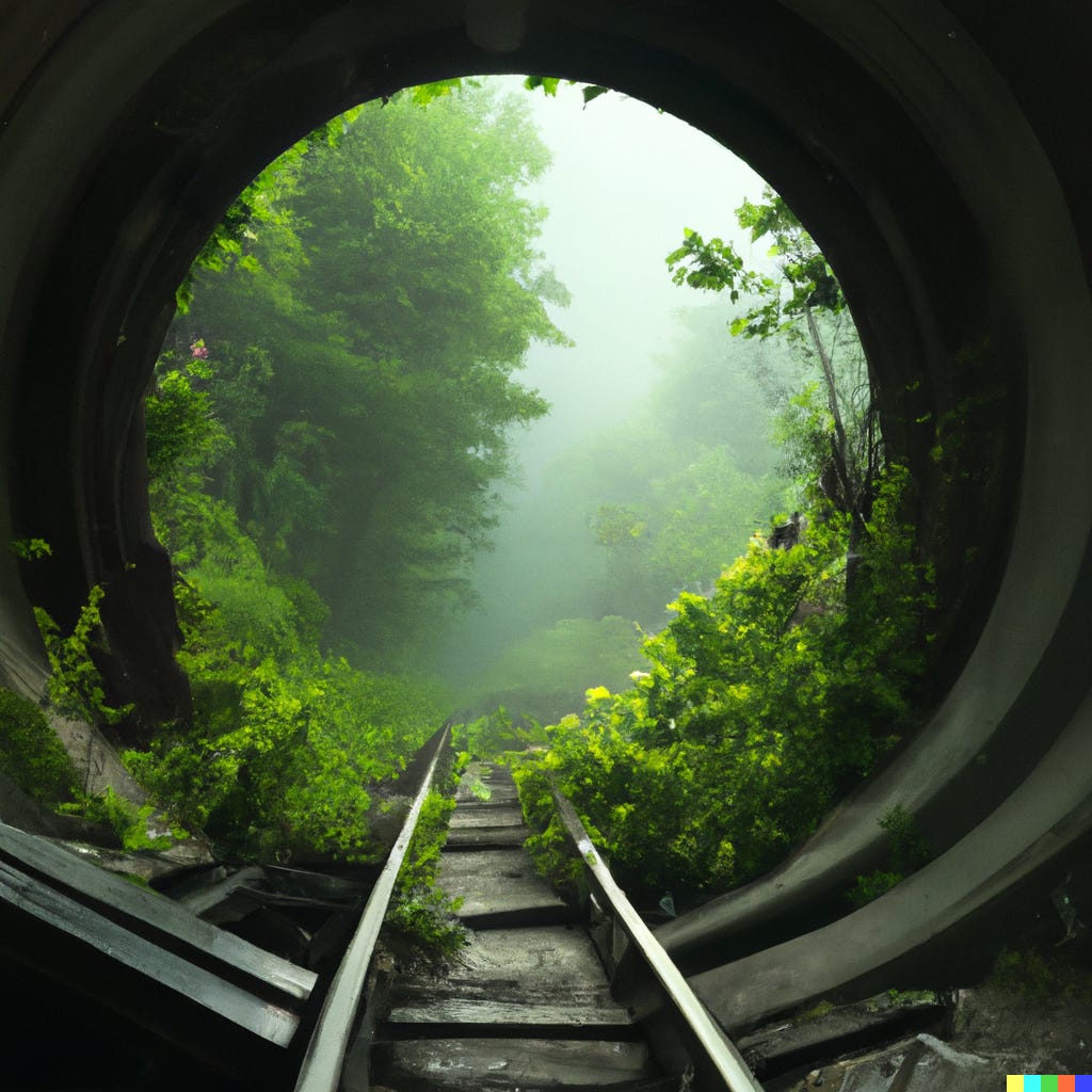 view from within an old railway tunnel emerging into fresh green landscape