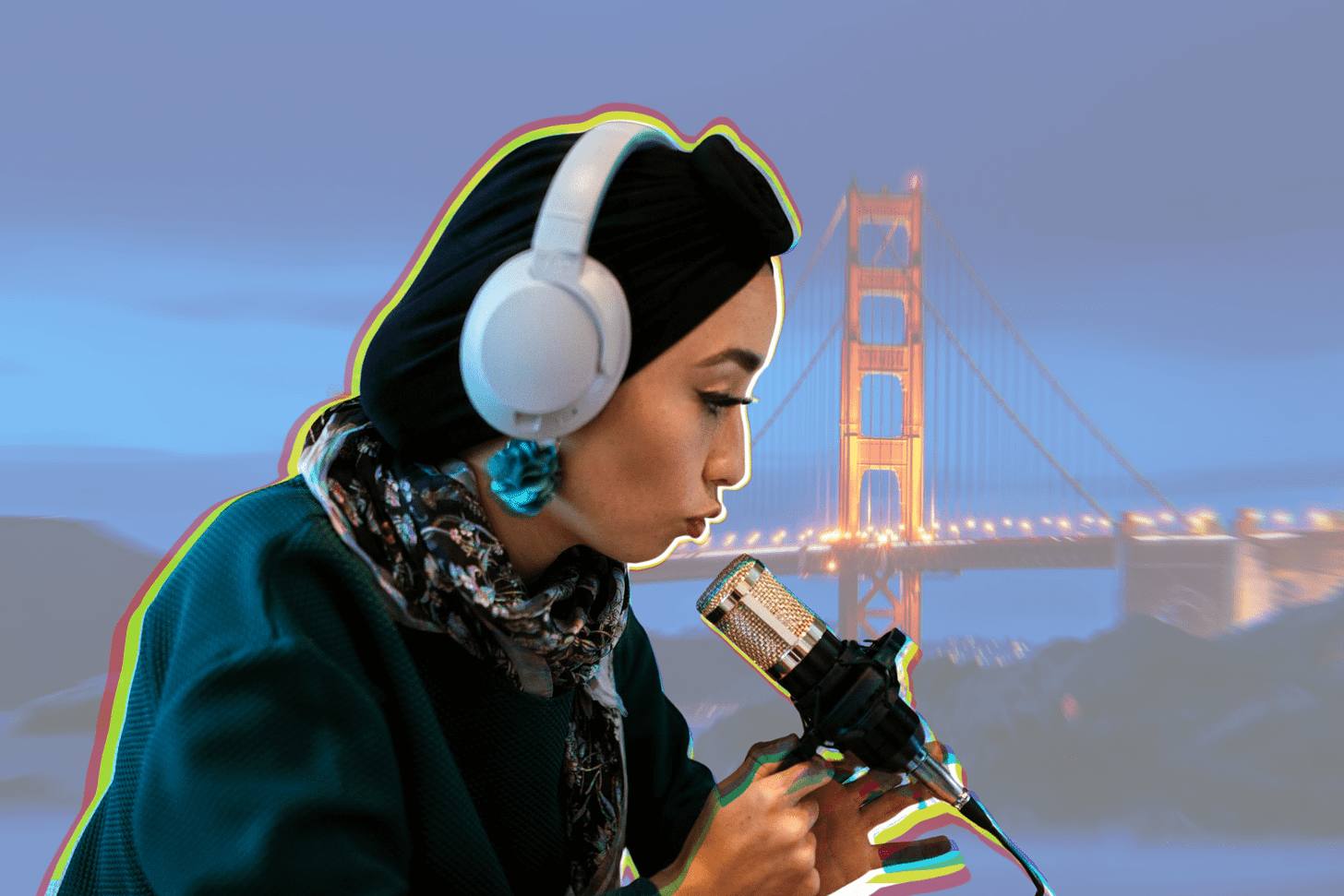 Close-up Photo of Woman using White Headphones with the Golden Gate Bridge in the background.