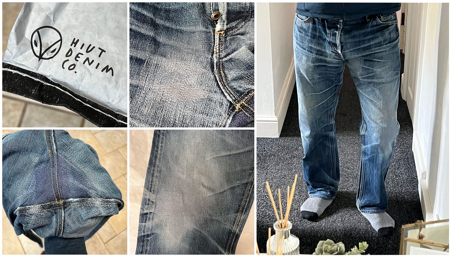 A montage of images showing the repairs to a pair of old jeans.