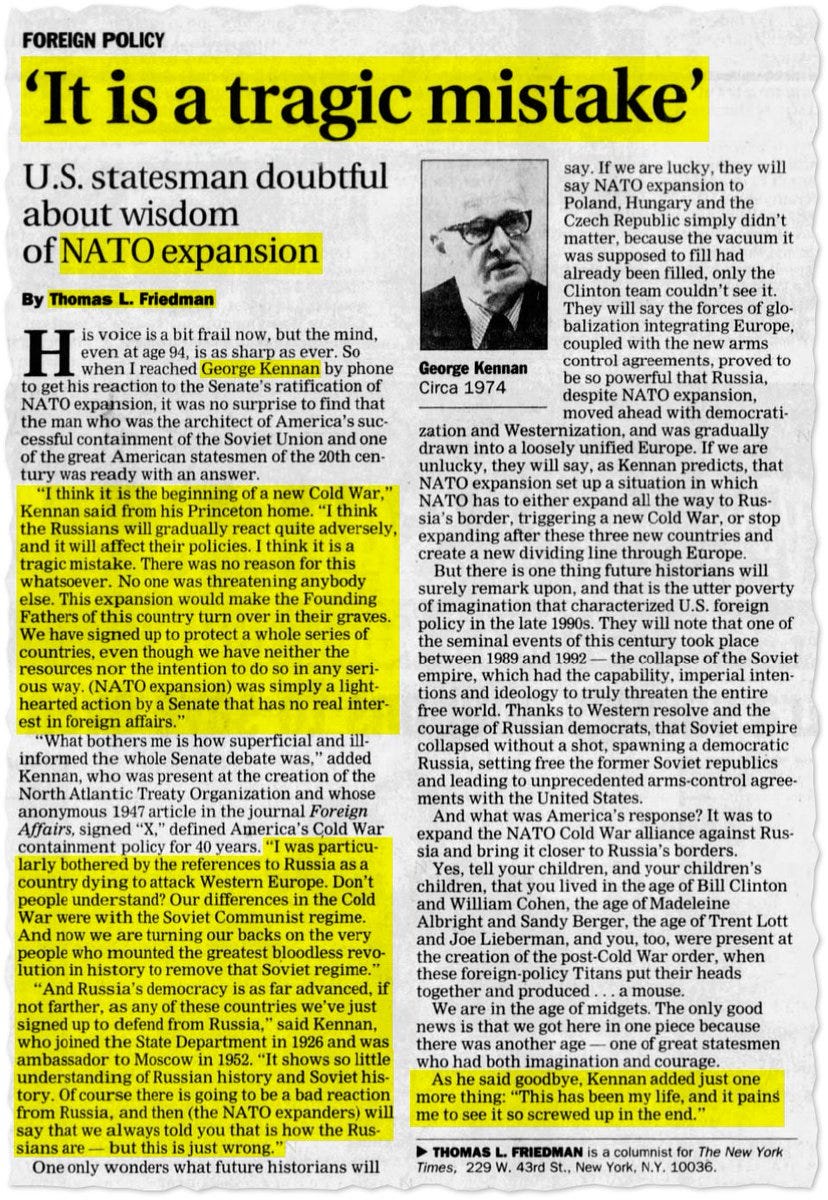 Thomas Friedman's 1998 George Kennan interview on NATO expansion: "I think  it is the beginning of a new cold war. I think the Russians will gradual -  Thread from KanekoaTheGreat @KanekoaTheGreat - Rattibha