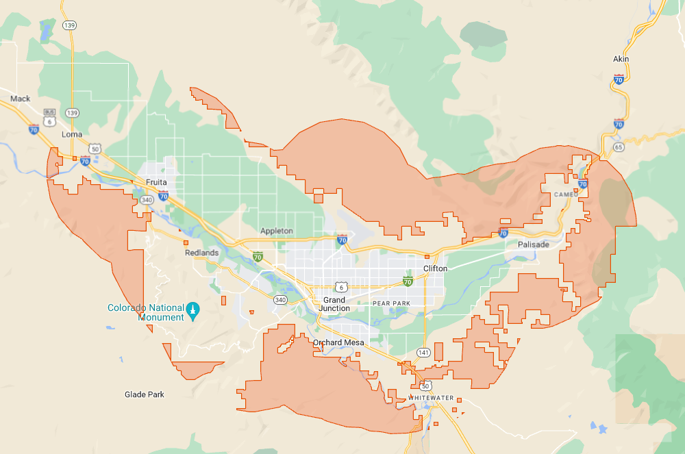 A map of Grand Junction, Colorado showing how the city limits are surrounded by BLM land.